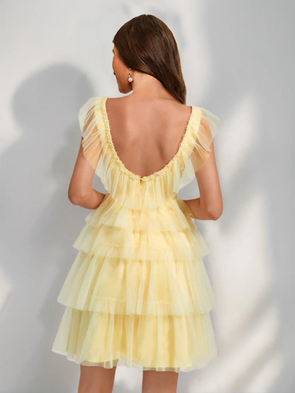 A-Line/Princess V-Neck Tulle Short/Mini Semi Formal Dresses with Ruffles