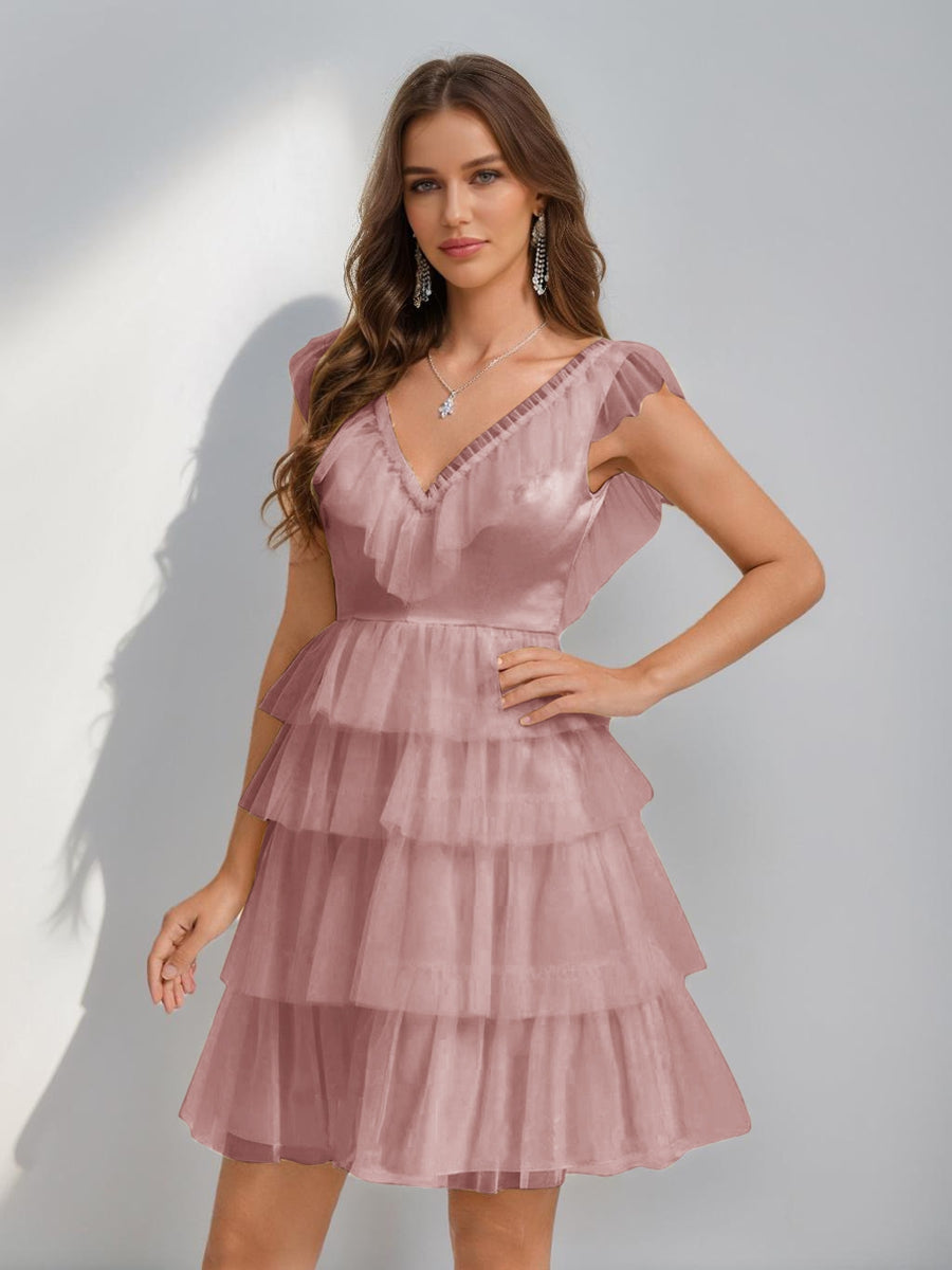 A-Line/Princess V-Neck Tulle Short/Mini Semi Formal Dresses with Ruffles