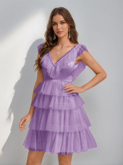A-Line/Princess V-Neck Tulle Short/Mini Semi Formal Dresses with Ruffles