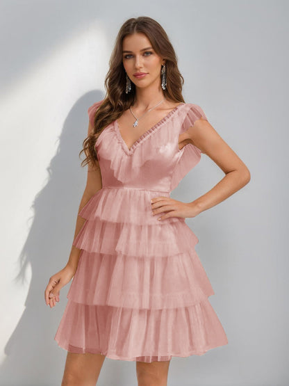 A-Line/Princess V-Neck Tulle Short/Mini Semi Formal Dresses with Ruffles