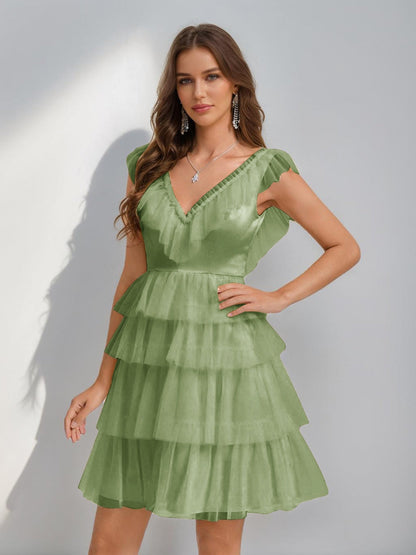 A-Line/Princess V-Neck Tulle Short/Mini Semi Formal Dresses with Ruffles