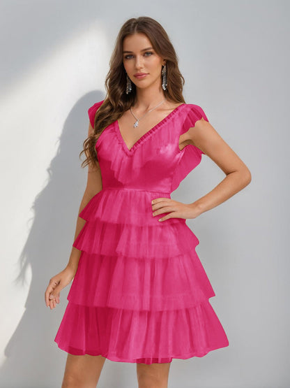 A-Line/Princess V-Neck Tulle Short/Mini Semi Formal Dresses with Ruffles