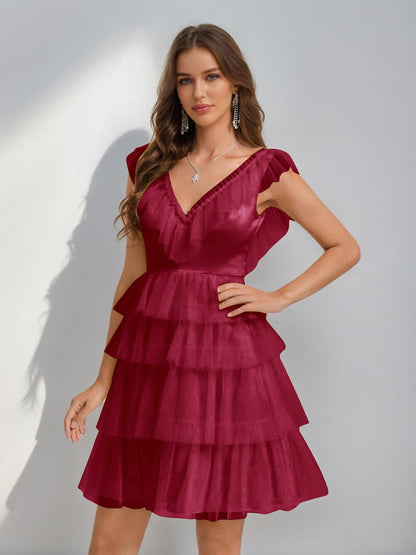 A-Line/Princess V-Neck Tulle Short/Mini Semi Formal Dresses with Ruffles