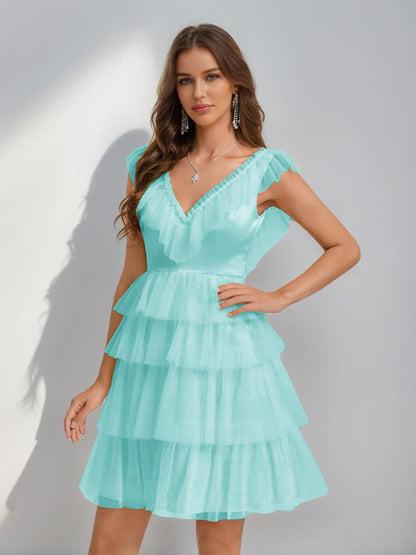 A-Line/Princess V-Neck Tulle Short/Mini Semi Formal Dresses with Ruffles