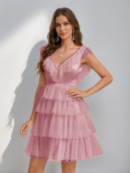A-Line/Princess V-Neck Tulle Short/Mini Semi Formal Dresses with Ruffles