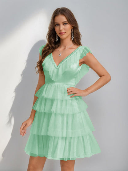 A-Line/Princess V-Neck Tulle Short/Mini Semi Formal Dresses with Ruffles