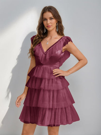 A-Line/Princess V-Neck Tulle Short/Mini Semi Formal Dresses with Ruffles