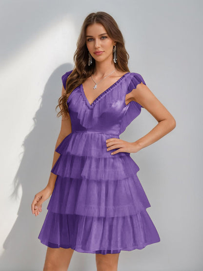 A-Line/Princess V-Neck Tulle Short/Mini Semi Formal Dresses with Ruffles