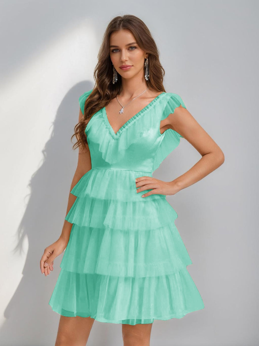 A-Line/Princess V-Neck Tulle Short/Mini Semi Formal Dresses with Ruffles