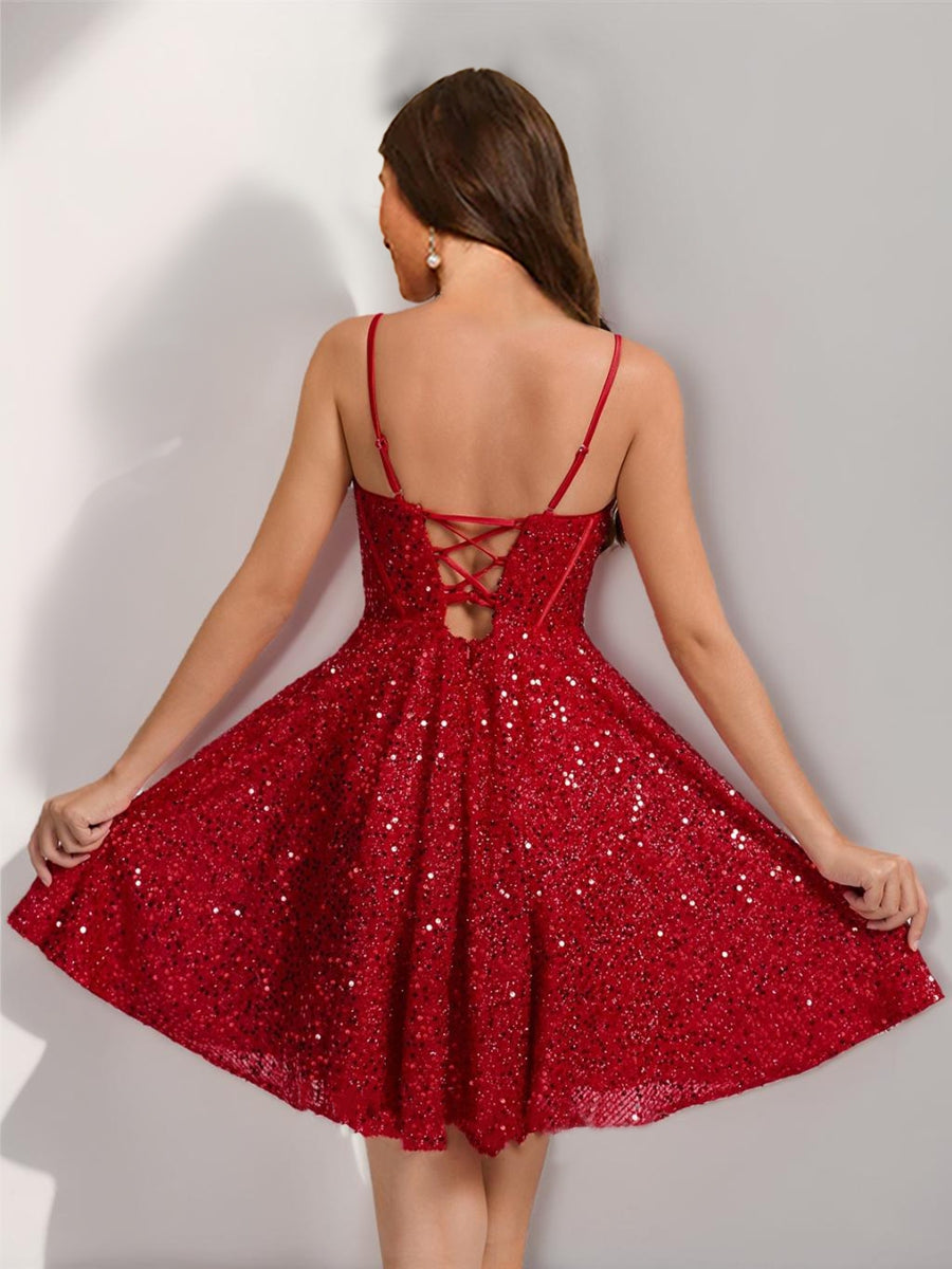 A-Line/Princess Sweetheart Straps Corset Sequin Short Semi Formal Dresses