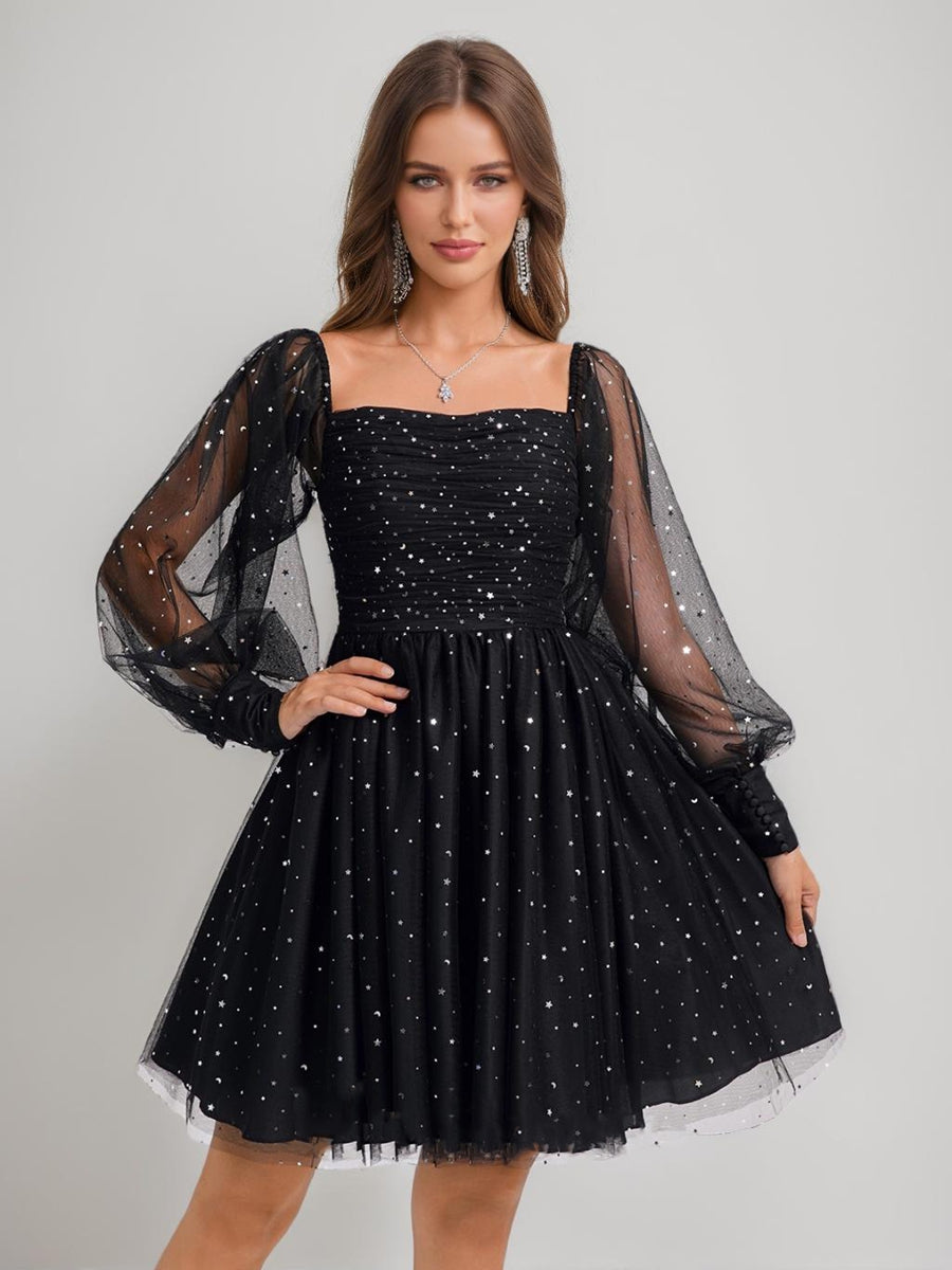 A-Line/Princess Square Long Sleeves Tulle Short Semi Formal Dresses with Sequins