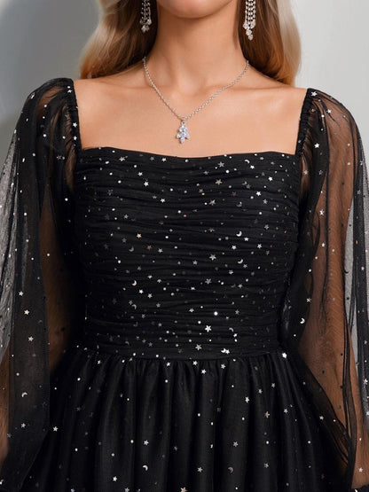 A-Line/Princess Square Long Sleeves Tulle Short Semi Formal Dresses with Sequins