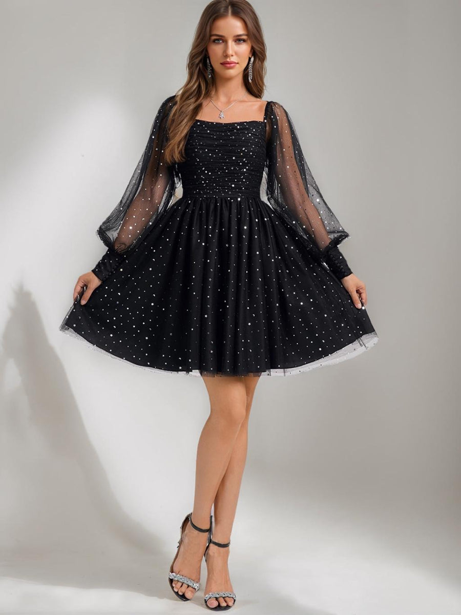 A-Line/Princess Square Long Sleeves Tulle Short Semi Formal Dresses with Sequins