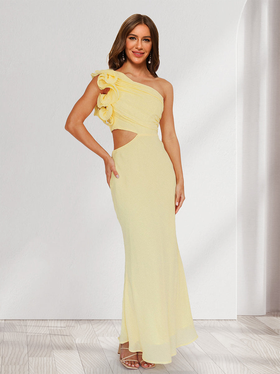 Trumpet/Mermaid One-Shoulder Long Ruched Wedding Guest Dresses with Ruffles & Flower