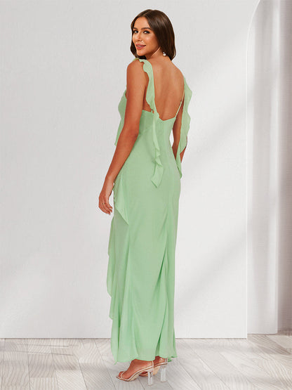 Sheath/Column V-Neck Sleeveless Asymmetrical Ruffled Wedding Guest Dresses with Watteau Train