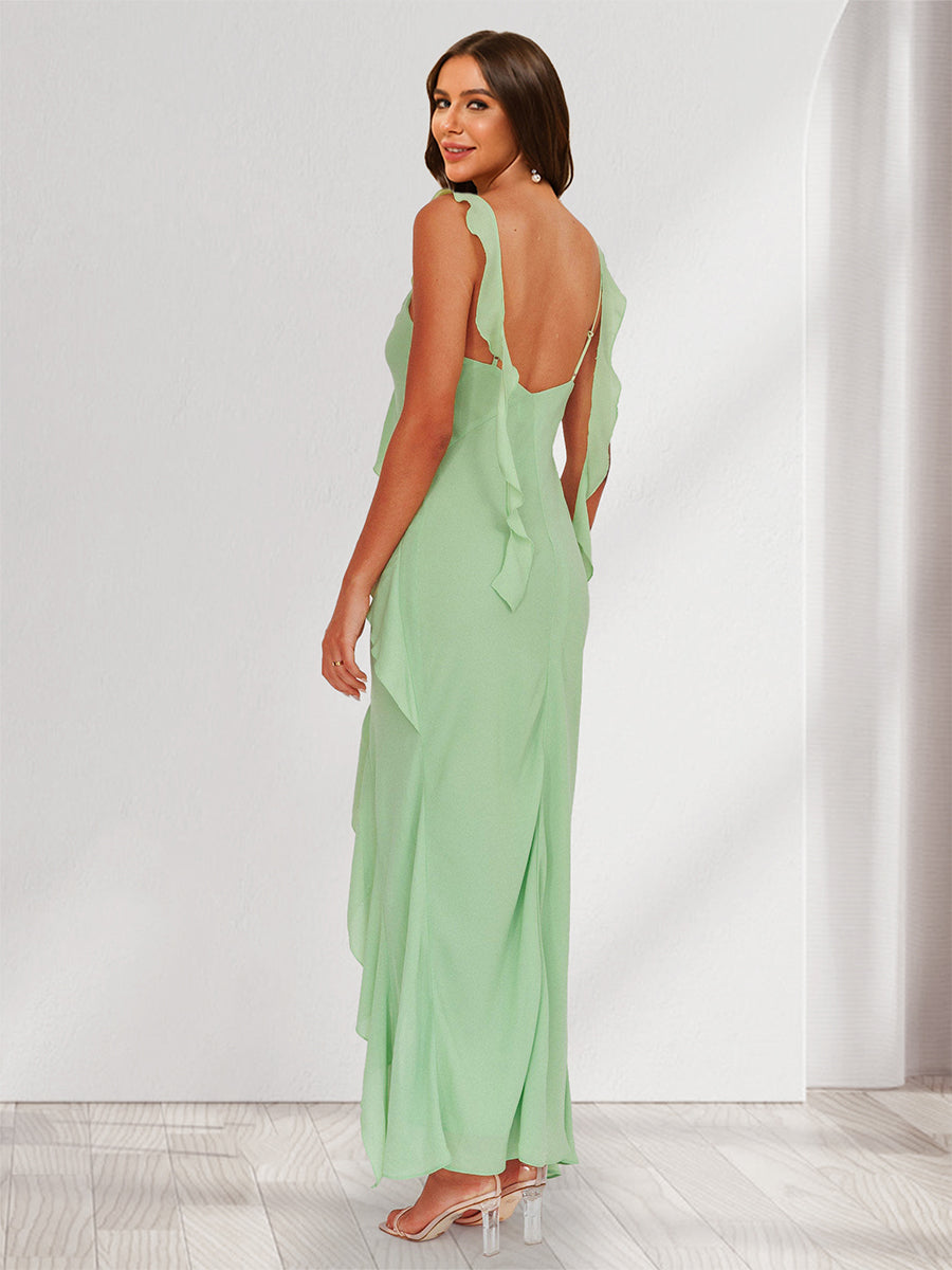 Sheath/Column V-Neck Sleeveless Asymmetrical Ruffled Wedding Guest Dresses with Watteau Train
