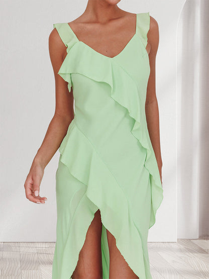 Sheath/Column V-Neck Sleeveless Asymmetrical Ruffled Wedding Guest Dresses with Watteau Train