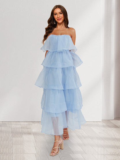 A-Line/Princess Strapless Organza Wedding Guest Dresses with Tiered Pleats