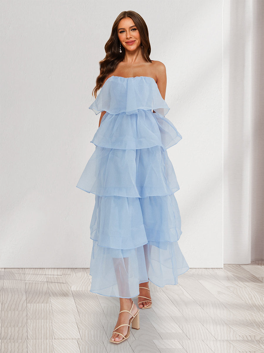 A-Line/Princess Strapless Organza Wedding Guest Dresses with Tiered Pleats