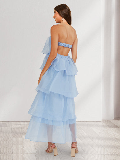 A-Line/Princess Strapless Organza Wedding Guest Dresses with Tiered Pleats
