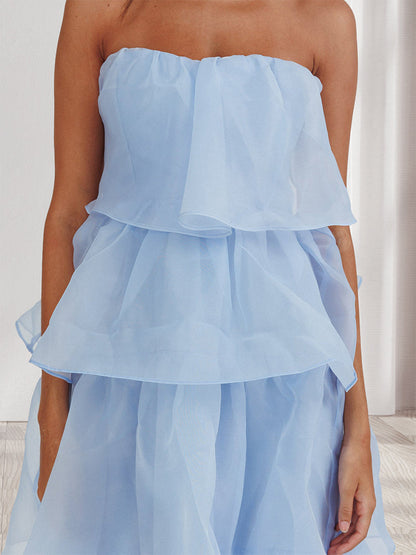 A-Line/Princess Strapless Organza Wedding Guest Dresses with Tiered Pleats