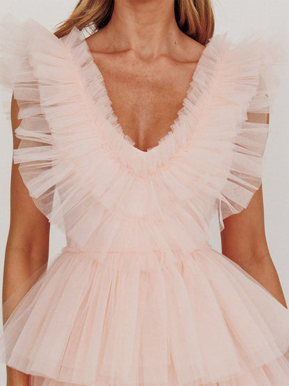 A Line V-Neck Tulle Ruffled Short/Mini Semi Formal Dresses with Pleats