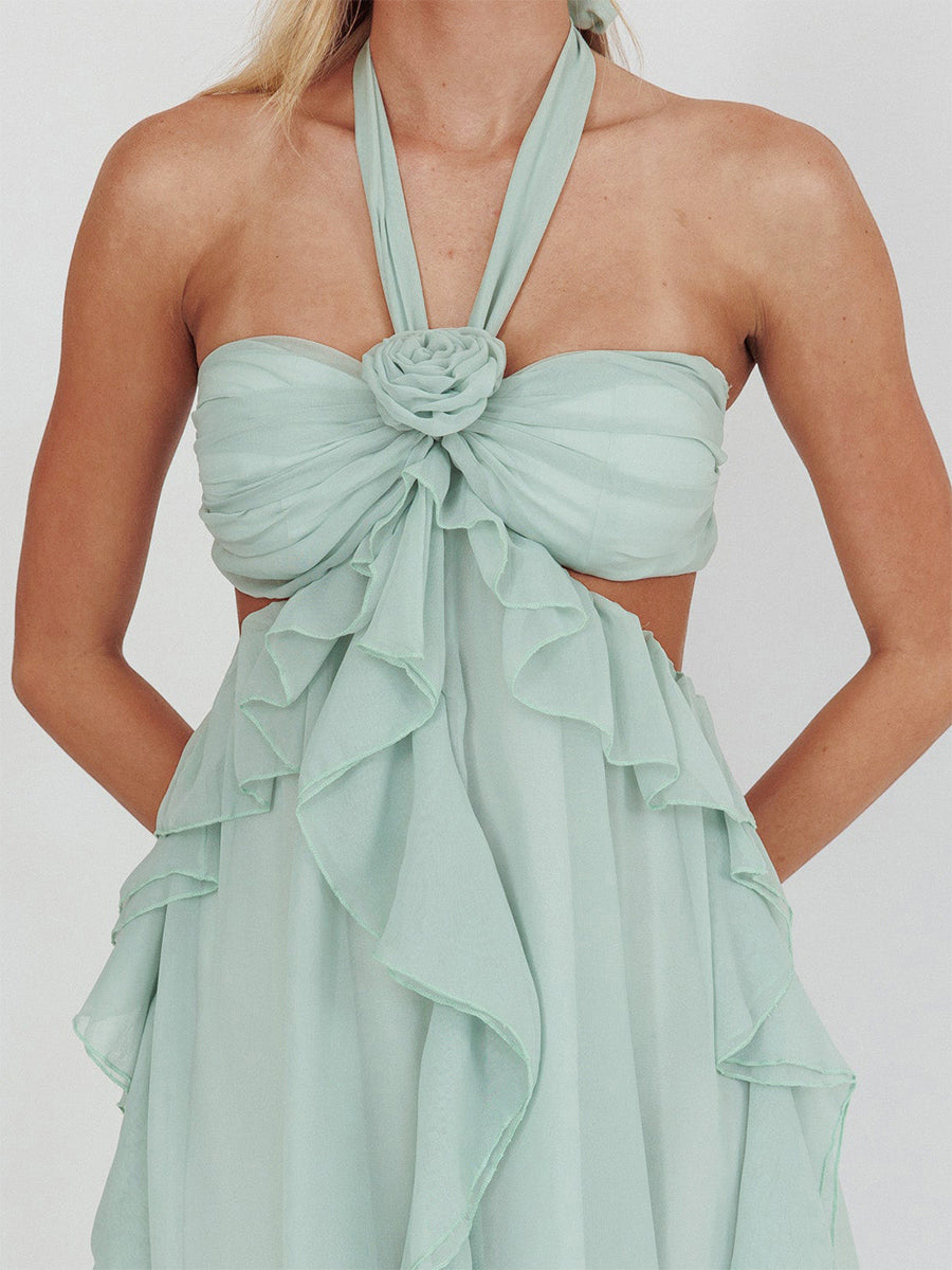 A-Line/Princess Halter Short/Mini Semi Formal Dresses with Ruffles & Flower & Cut-out