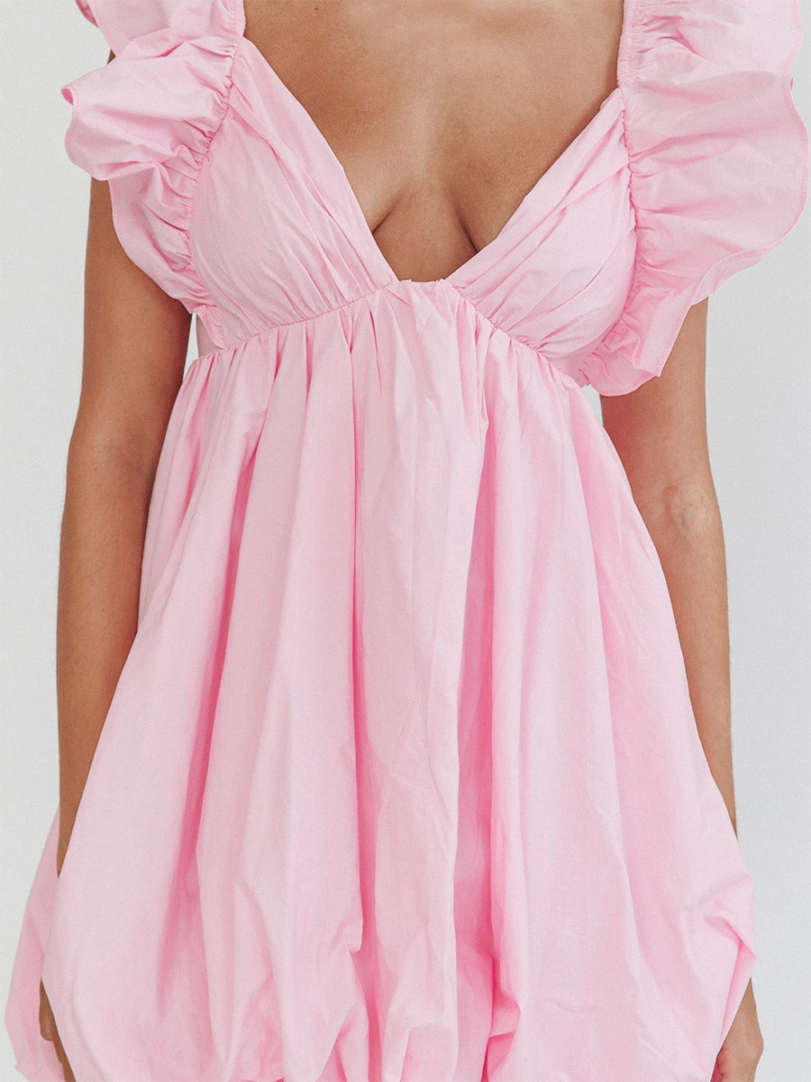 Ball Gown V-Neck Puff Sleeves Short/Mini Pleated Semi Formal Dresses with Ruffles