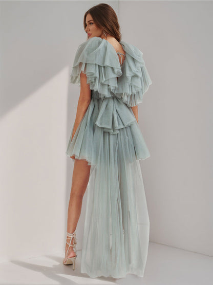 A-Line/Princess V-Neck Short Sleeves Semi Formal Dresses with Ruffles & Watteau Train