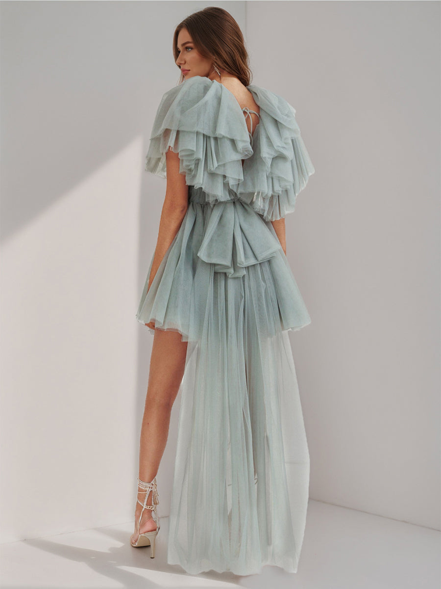 A-Line/Princess V-Neck Short Sleeves Semi Formal Dresses with Ruffles & Watteau Train