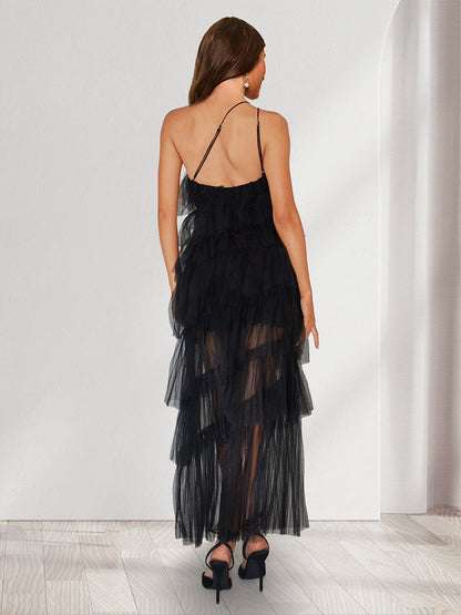 A-Line/Princess Tulle One Shoulder Maxi Wedding Guest Dresses with Tiered Ruffles