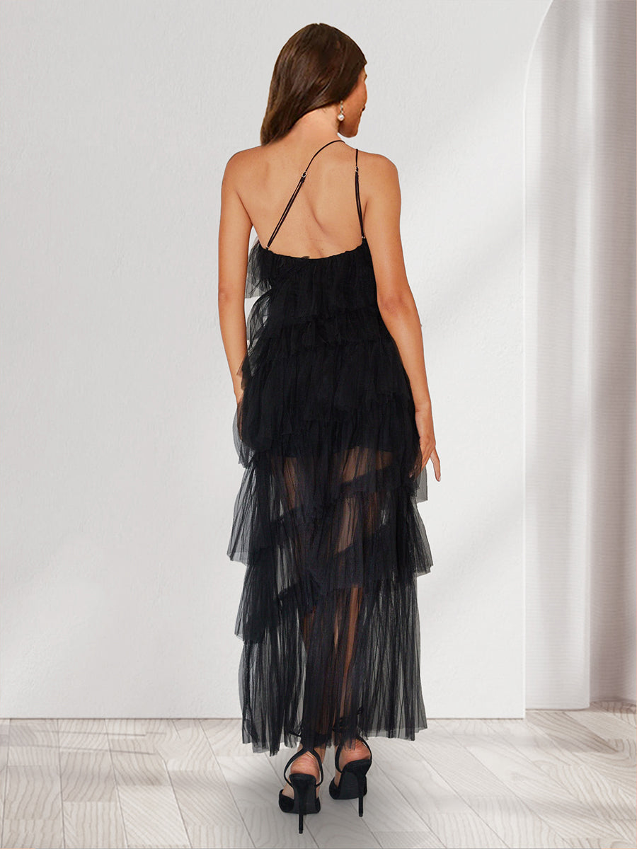 A-Line/Princess Tulle One Shoulder Maxi Wedding Guest Dresses with Tiered Ruffles