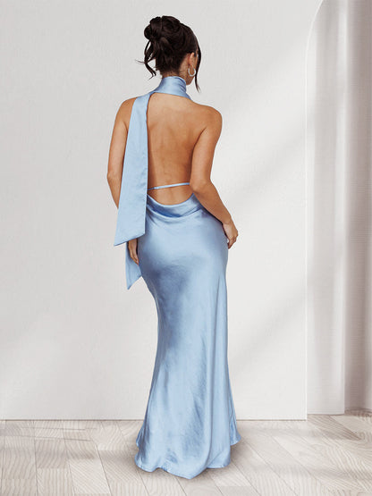 Trumpet/Mermaid Halter Sleeveless Sexy Wedding Guest Dresses with Watteau Train