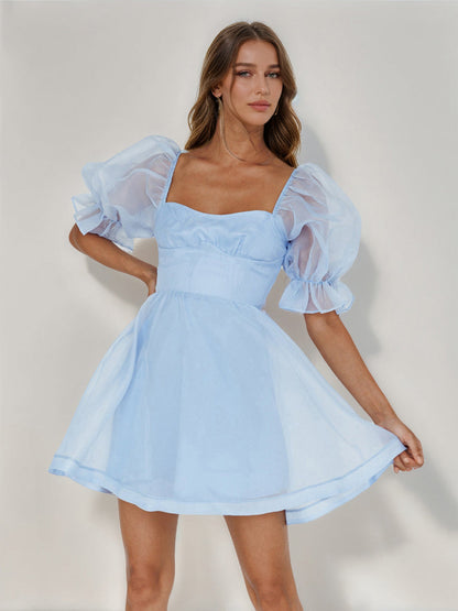 A-Line/Princess Square Half Sleeves Short Semi Formal Dresses with Ruffles
