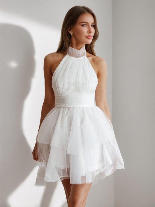 A-Line/Princess Halter Tulle Short/Mini Simple Semi Formal Dresses with Pleats