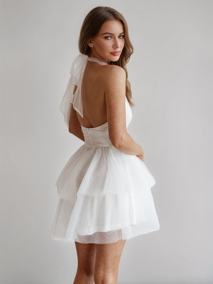 A-Line/Princess Halter Tulle Short/Mini Simple Semi Formal Dresses with Pleats