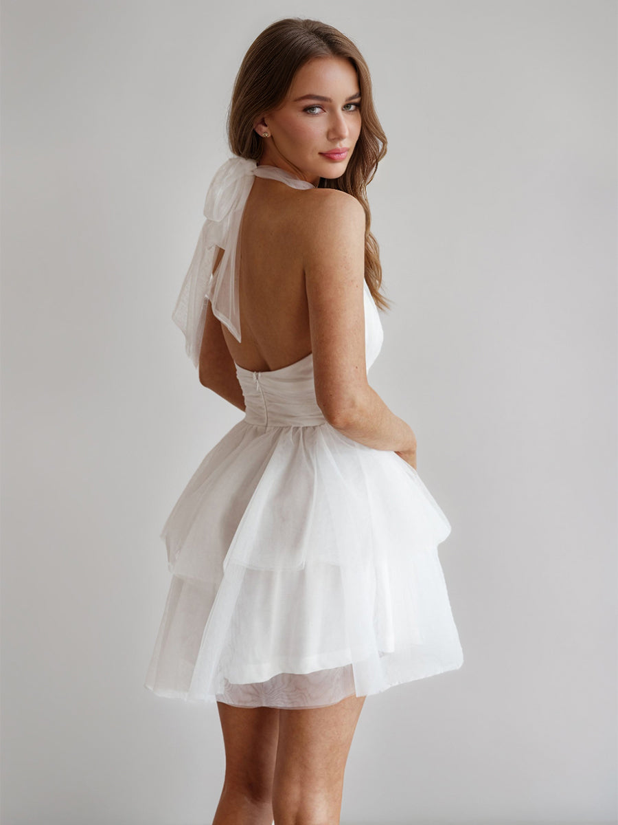 A-Line/Princess Halter Tulle Short/Mini Simple Semi Formal Dresses with Pleats