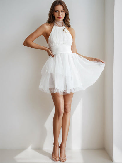 A-Line/Princess Halter Tulle Short/Mini Simple Semi Formal Dresses with Pleats