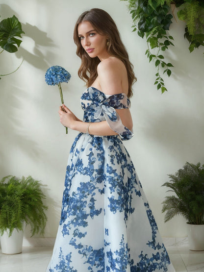 A-Line/Princess Off-the-Shoulder Sleeveless Tea-Length Floral Formal Dresses