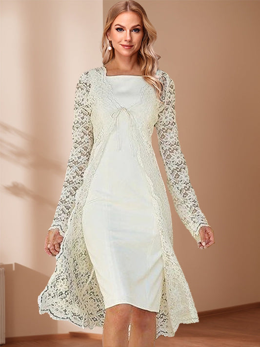 Two Piece Sheath/Column Square-Neck Long Sleeves Knee-Length Mother of the Bride Dresses with Lace