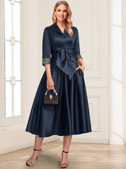 Satin A-Line/Princess Simple Shirt Collar 3/4 Length Sleeves Tea-Length Mother of the Bride Dresses with Sash & Beading