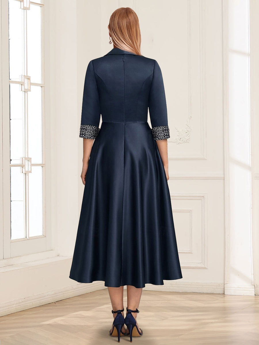 Satin A-Line/Princess Simple Shirt Collar 3/4 Length Sleeves Tea-Length Mother of the Bride Dresses with Sash & Beading