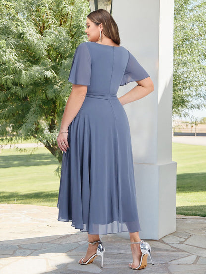 Chiffon A-Line/Princess V-Neck Short Sleeves Knee-Length Wedding Guest Dresses with Belt & Pleats
