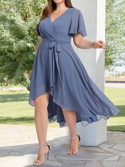 Chiffon A-Line/Princess V-Neck Short Sleeves Knee-Length Wedding Guest Dresses with Belt & Pleats