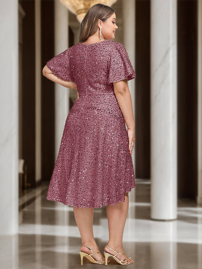 Plus Size A-Line/Princess V-Neck Short Sleeves Knee-Length Wedding Guest Dresses with Sequins & Ruffles