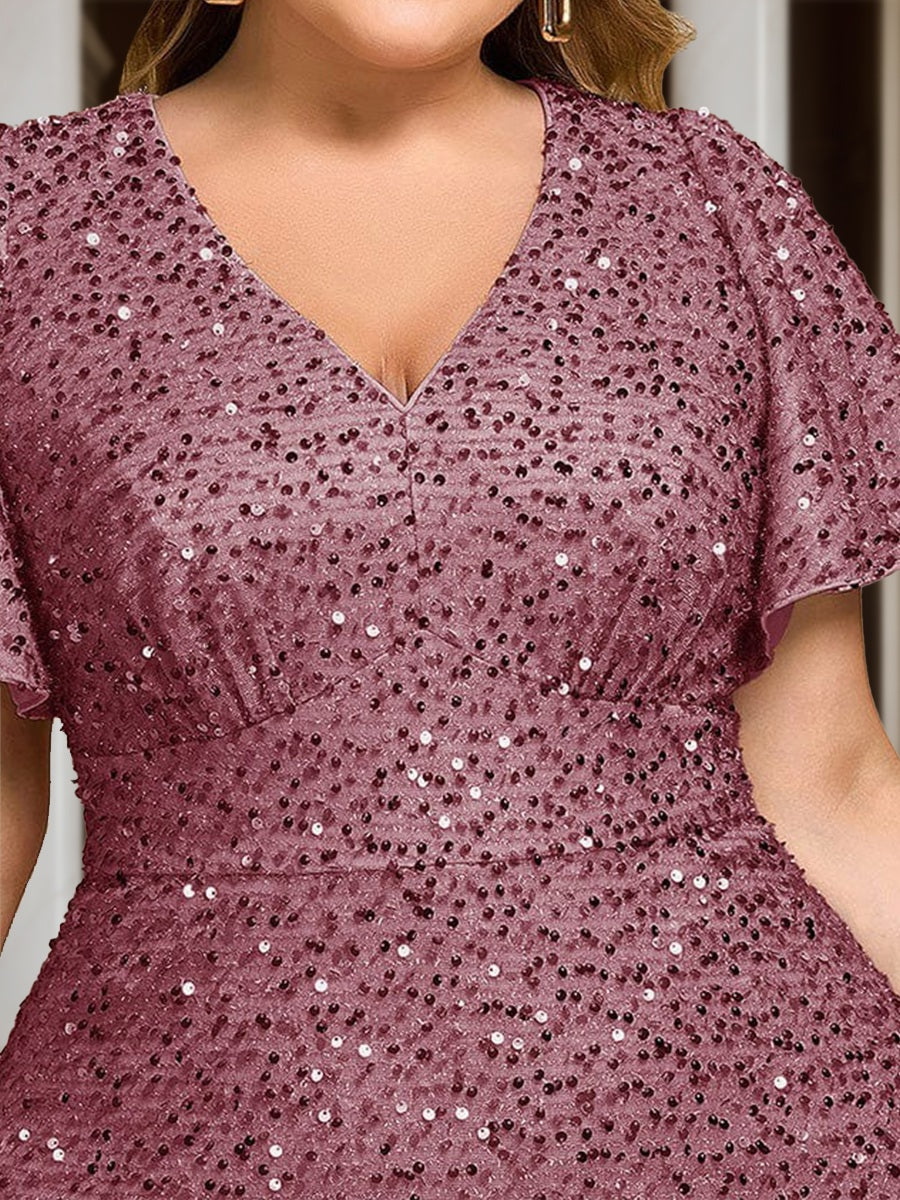 Plus Size A-Line/Princess V-Neck Short Sleeves Knee-Length Wedding Guest Dresses with Sequins & Ruffles