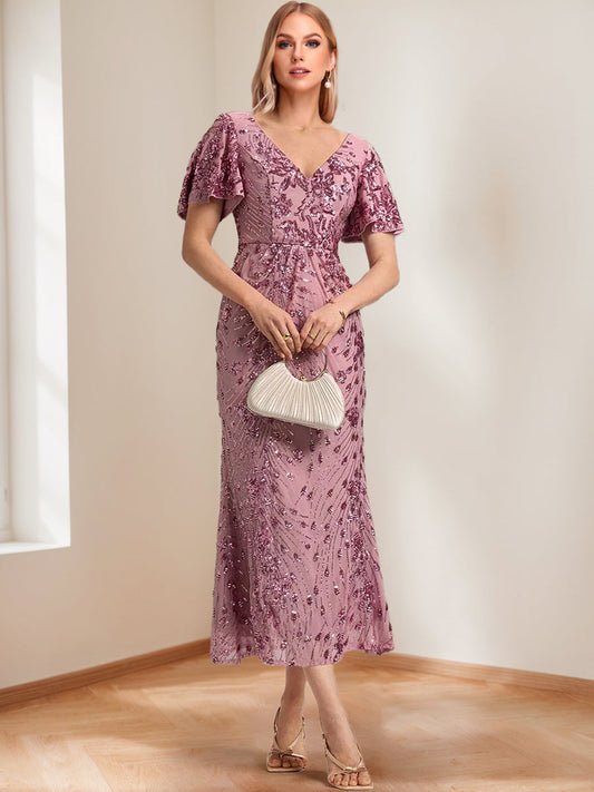 Trumpet/Mermaid V-Neck Short Ruffle Sleeves Ankle-Length Mother of the Bride Dresses with Appliques