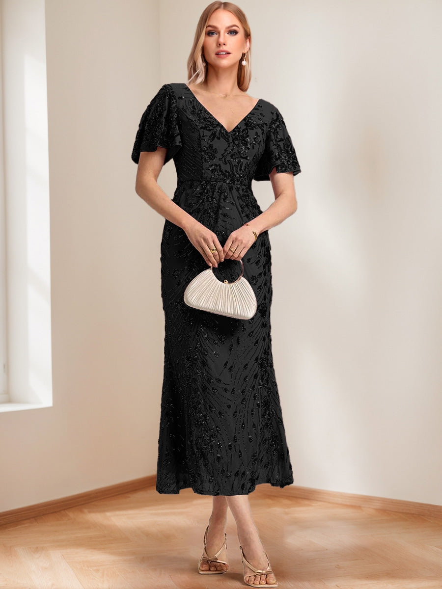 Trumpet/Mermaid V-Neck Short Ruffle Sleeves Ankle-Length Mother of the Bride Dresses with Appliques