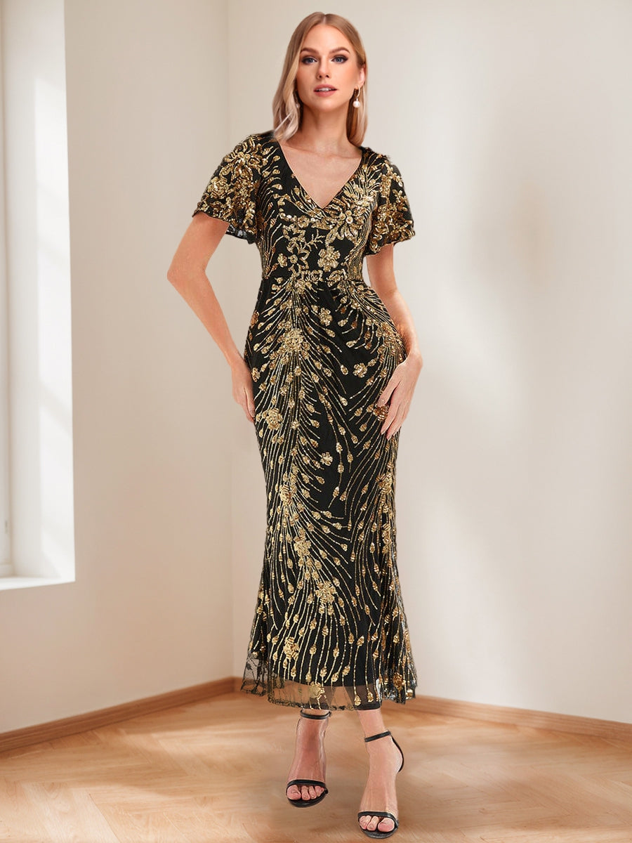 Trumpet/Mermaid V-Neck Short Ruffle Sleeves Ankle-Length Mother of the Bride Dresses with Appliques