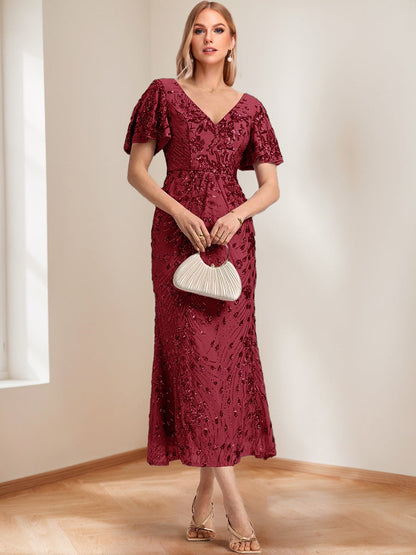 Trumpet/Mermaid V-Neck Short Ruffle Sleeves Ankle-Length Mother of the Bride Dresses with Appliques